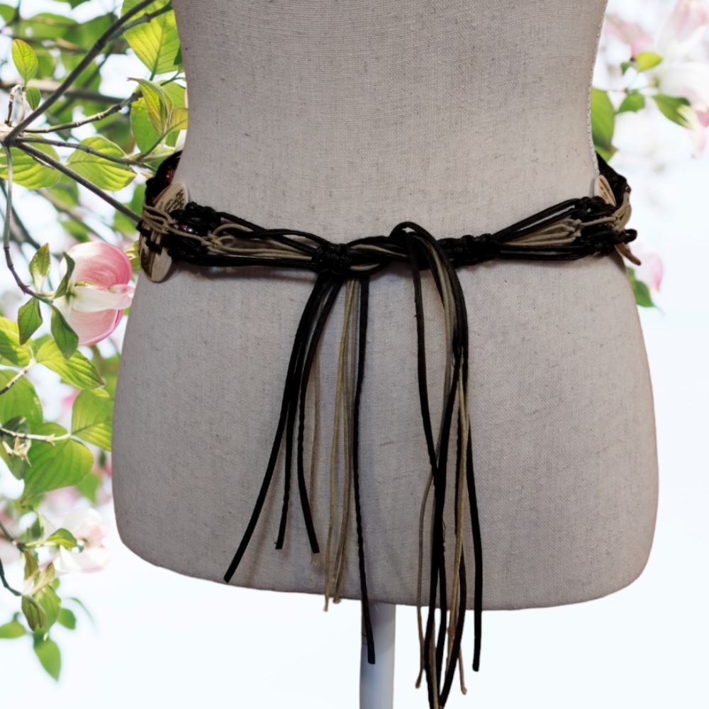 Macrame Beaded & Shell Belt With Tie Front Size XS to S